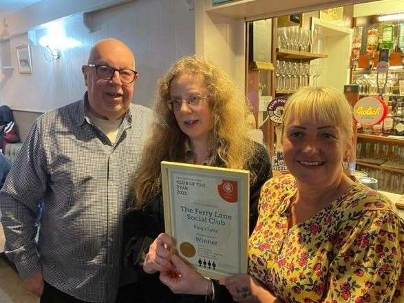 Members of West Norfolk Campaign for Real Ale (CAMRA) joined members of the Ferry Lane Social Club in King’s Lynn to celebrate the club achieving the accolade of being the branch club of the year. Pictured: Barry Irwin, Andrea Briers, Tracy Chapman