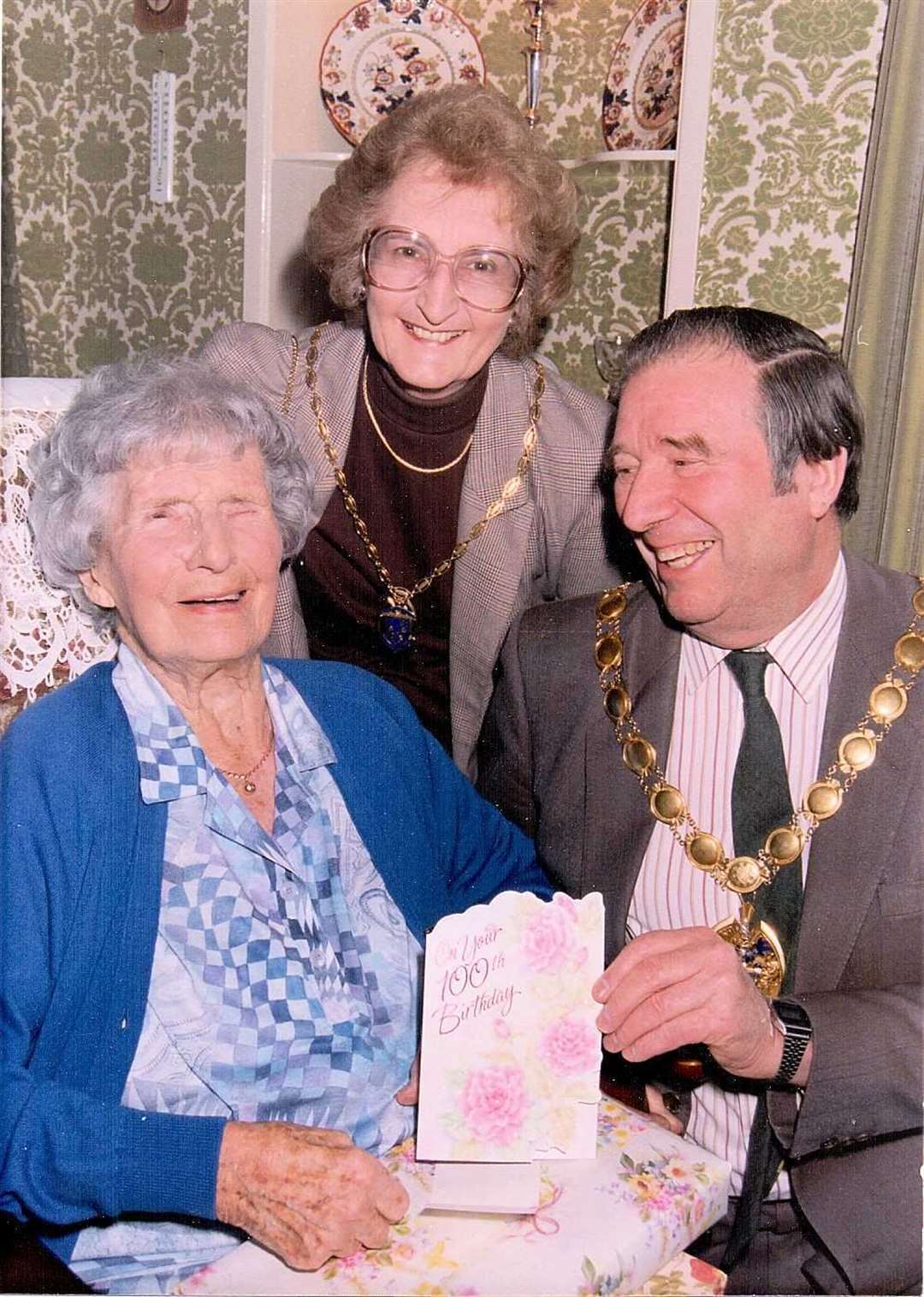 Bryan and June, as borough mayor and mayoress, congratulating Mabel Cave, of Church Farm, on her 100th birthday