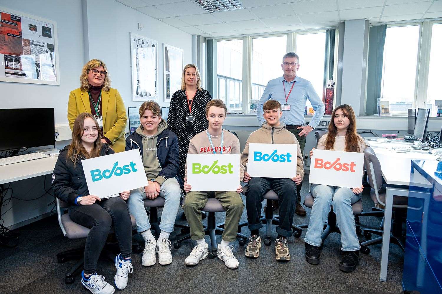 Jed King, Megan Mayes Toby Rickard, Michelle Tibbs and Zac McAlpine are pictured with Lisa Taylor, Clyde Dunn - Course Director Level 3 Graphic Design and Hayley Rudd - Work Placement & Careers Co-Ordinator for Creative Arts. Picture: Paul Tibbs