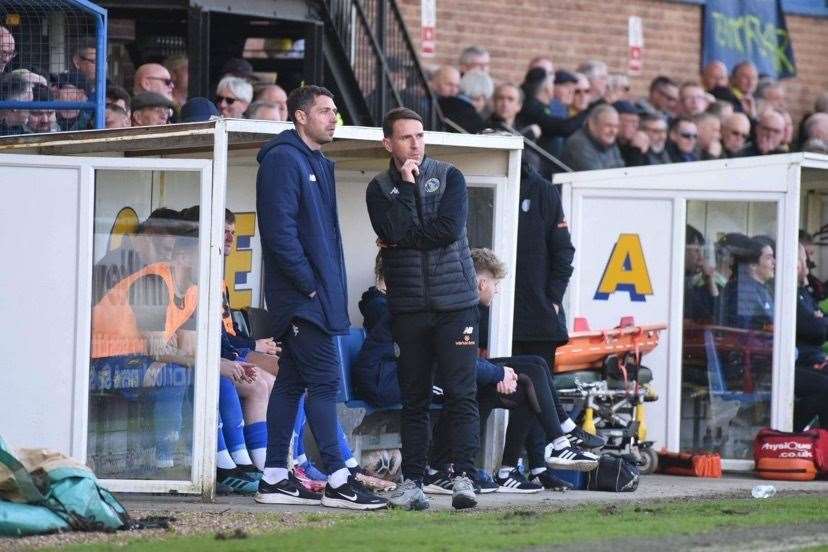 Mark Hughes talks to goalkeeper and new Linnets coach Paul Jones on the sidelines. Picture: Tim Smith (63442652)