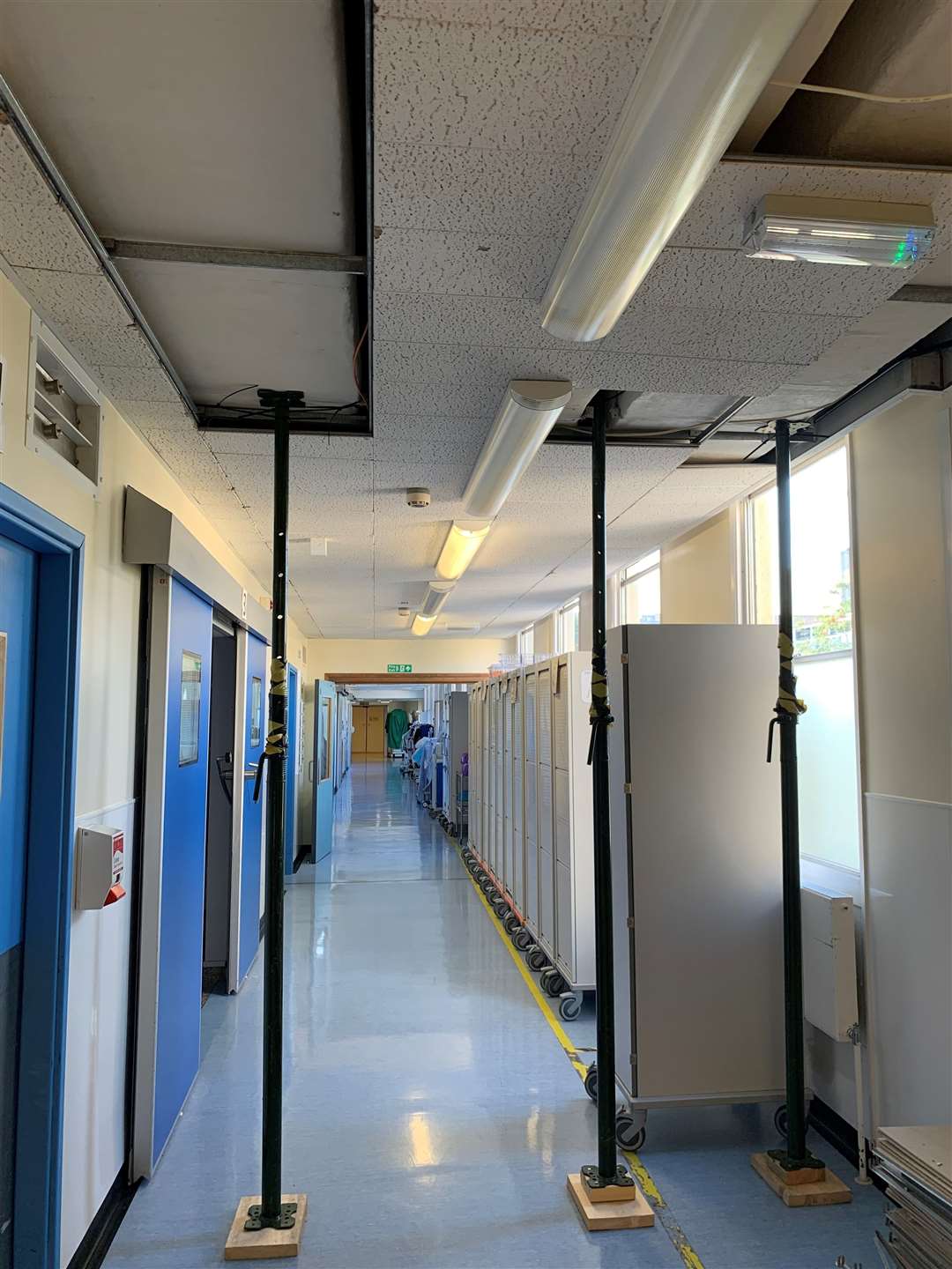 Emergency props holding up the roof on the QEH theatre corridor