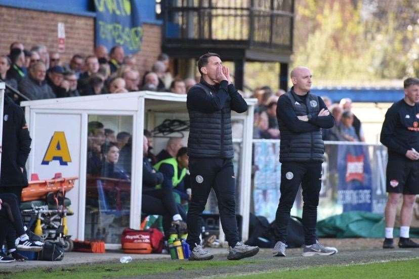 Lynn's new management team of Mark Hughes and Hugo Langton on the touchline. Picture: Tim Smith. (63442654)