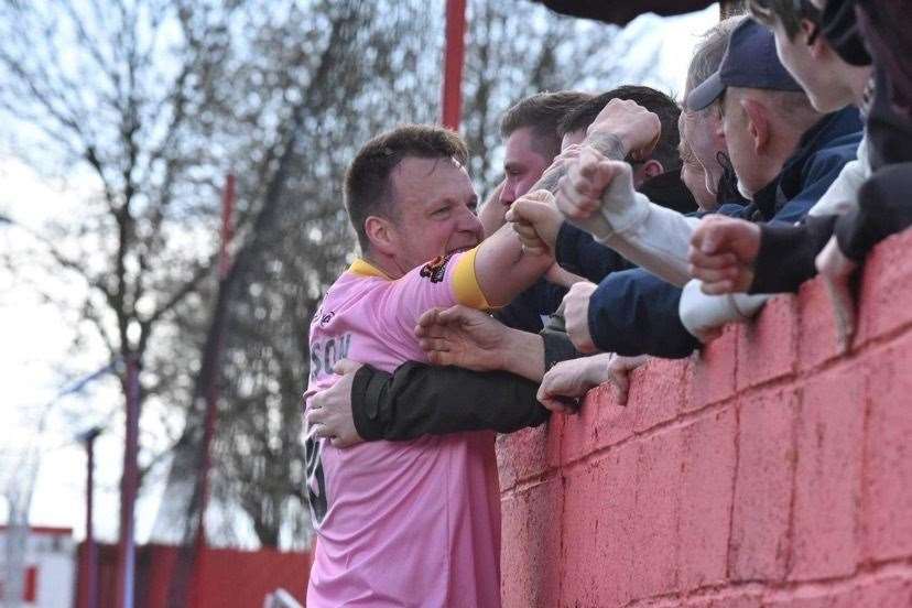 Josh Coulson is mobbed by the Lynn supporters. Picture: Tim Smith (63467842)