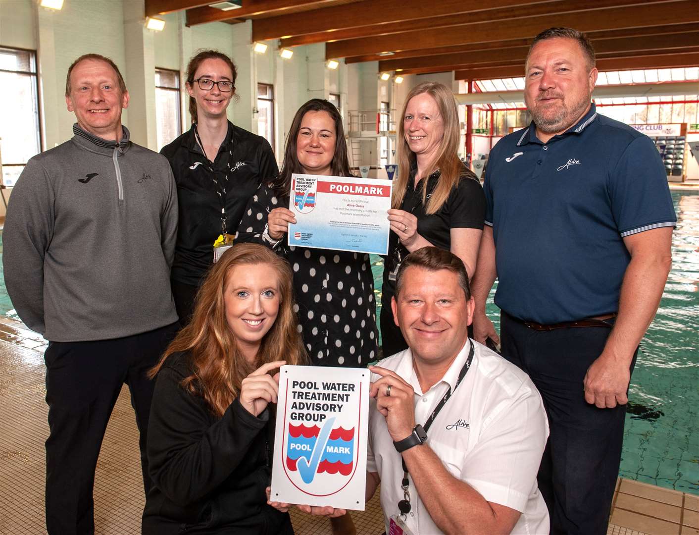Three Alive West Norfolk pools are the first in Norfolk to be accredited with Poolmark. Pictured are Neil Gromett, Dave Cleland, Louise Biggs, Siobhan Cleeve, Jon Bunting, Mair Morton and Cathryn Hancock at Lynn's St James Swimming Pool