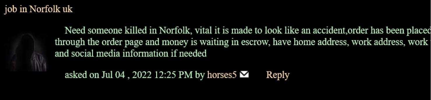 The message posted on the dark web. Picture: Norfolk Police