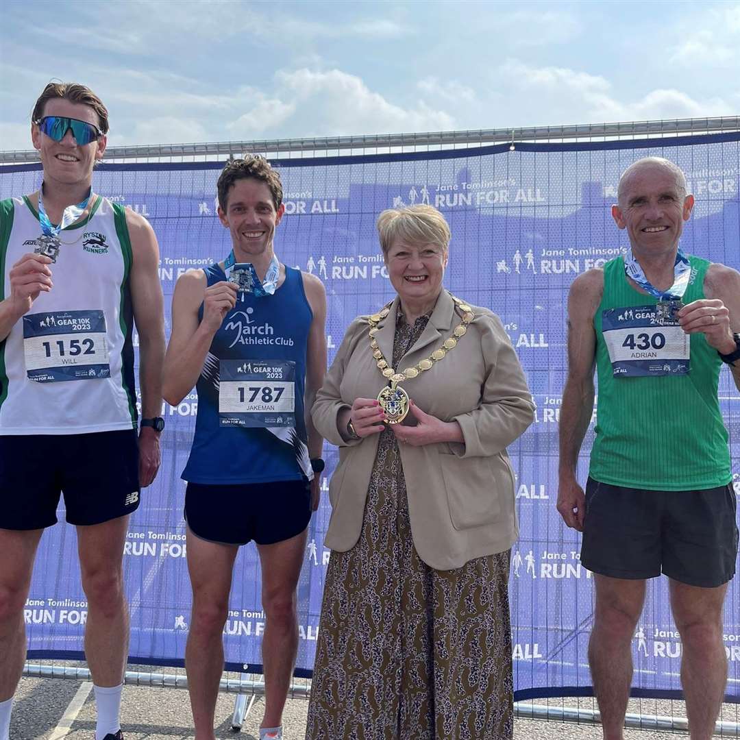Lesley Bambridge, mayor of West Norfolk with three medallists