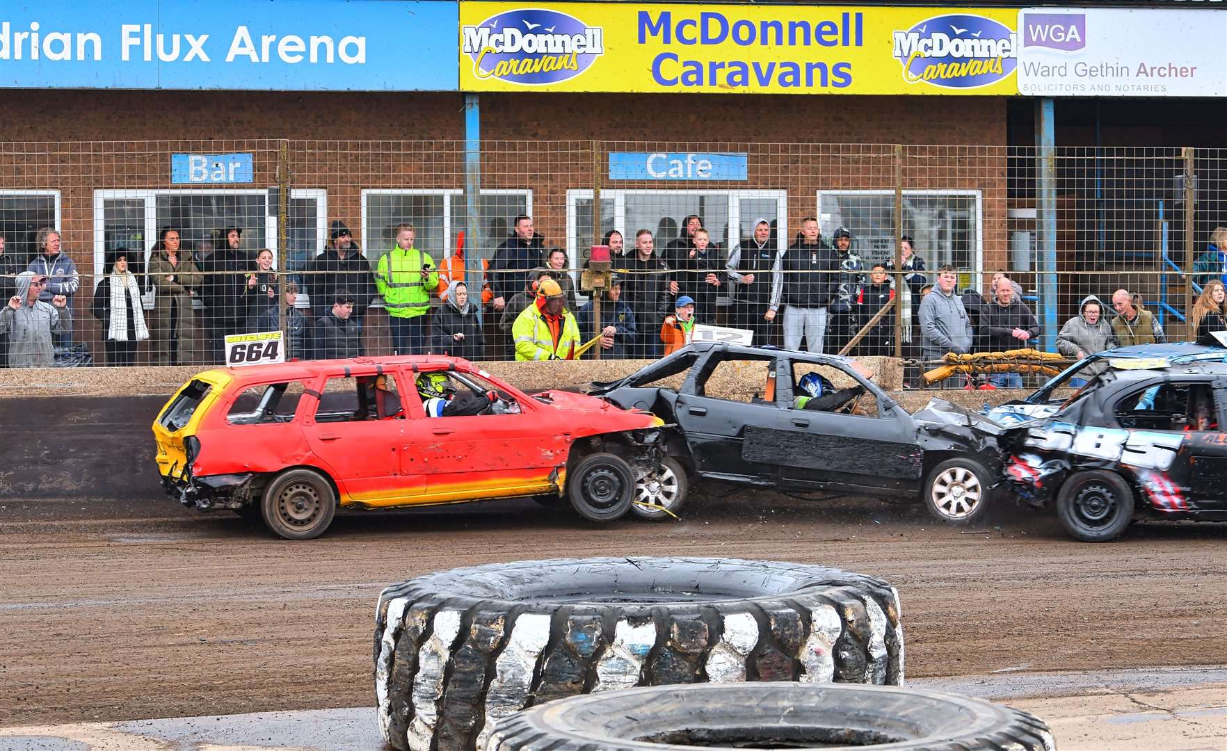 Ryan Sutcliffe, car 664, was lively on Saturday night and is pictured on a charge at the Adrian Flux Arena