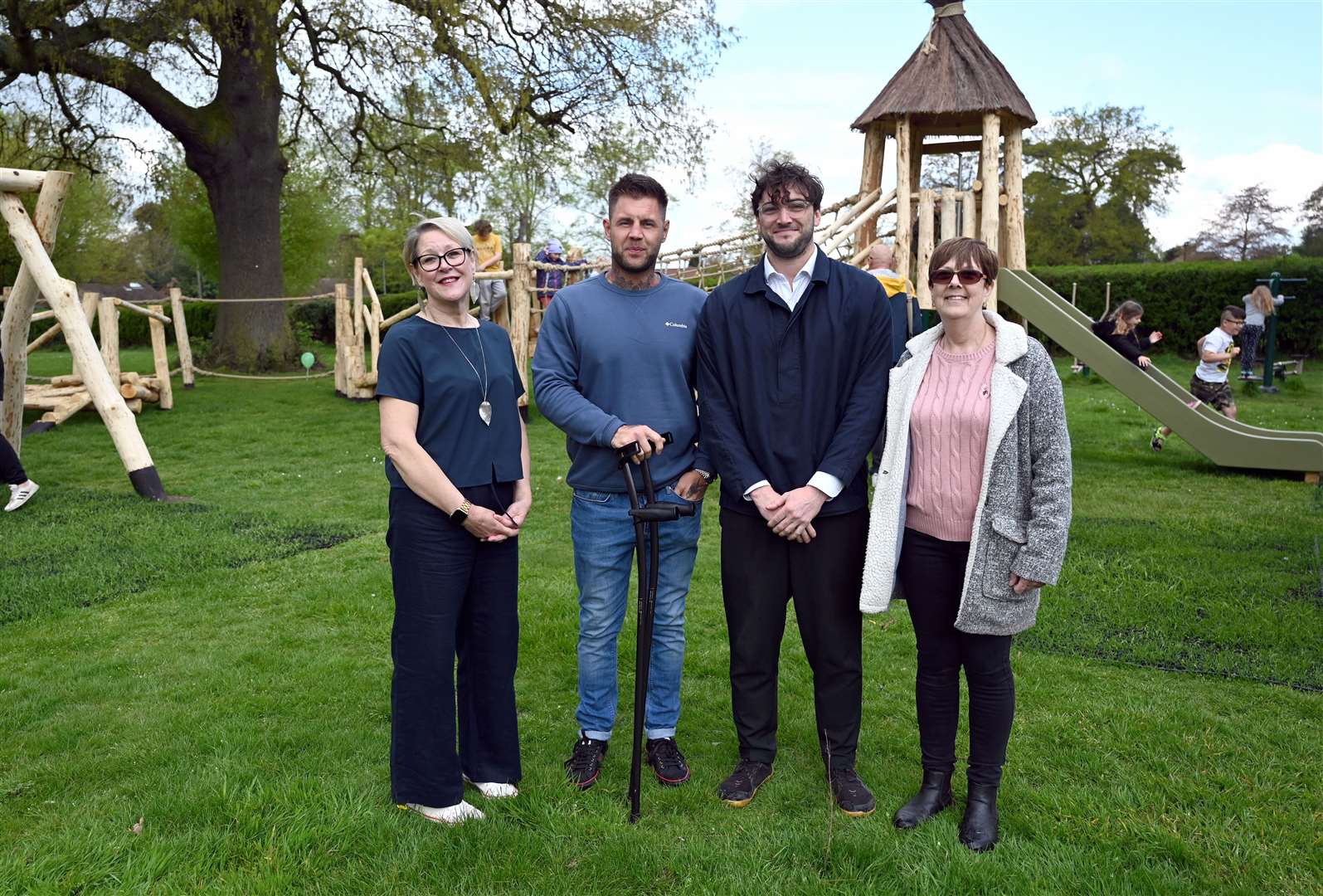 Official opening of Gaywood Community play park. From left to right Jo Rust, Ben Tansley, Henry Bowlby Flights of Fantasy, and Aydee Dickens