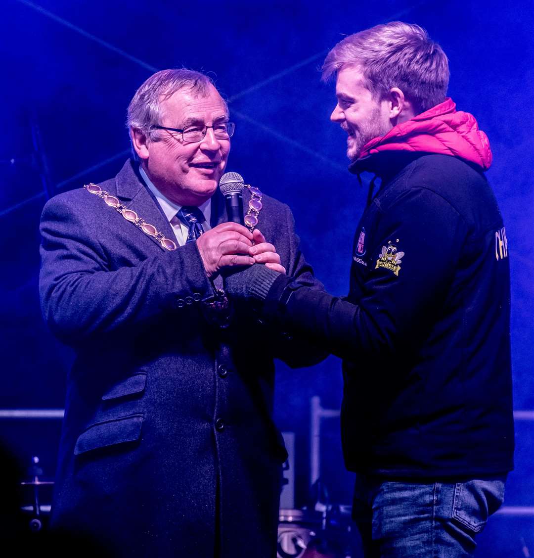 Scenes from the 2018 King’s Lynn Christmas Light Switch on - Borough Mayor Nick Daubney and KLFM’s Charles Dennett on stage. Picture: Matthew Usher