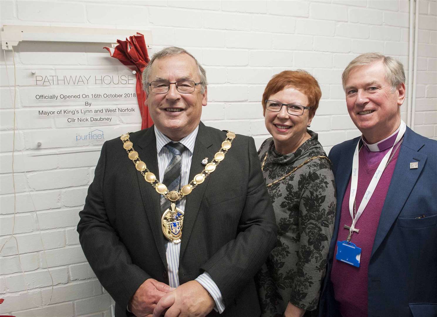 In 2018, Mayor Nick Daubney, Mayoress Cheryl Daubney, and then-Bishop Of King's Lynn The Rt Rev Jonathan Meyrick at the opening of the Purfleet Trust building on Austin Fields