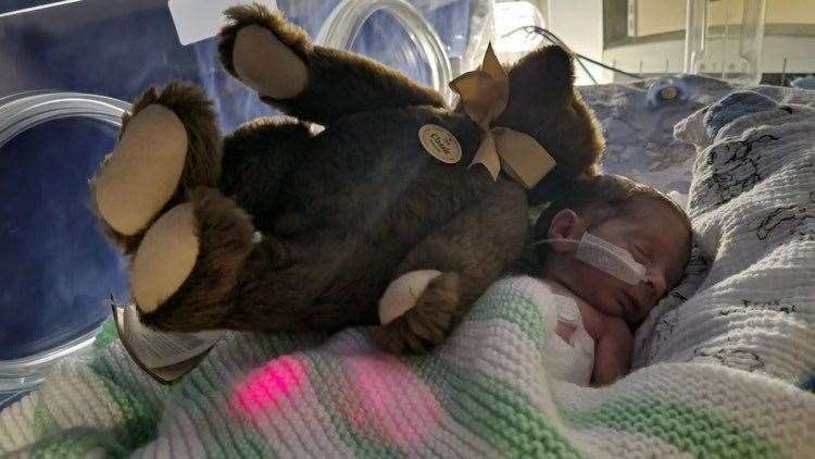 Baby Rupert was born on September 2, 2021, at 7.09pm weighing a tiny 2lbs 3oz - and was dwarfed by his teddy bear, nestled beside him in his incubator. Picture: SWNS