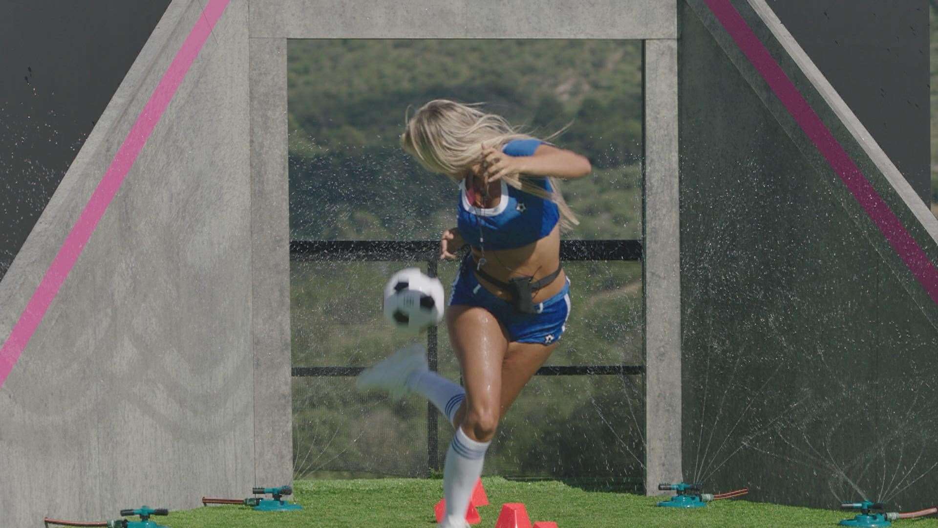 Jess doing a ‘rainbow flick’ trick during the football challenge. Picture: ITV