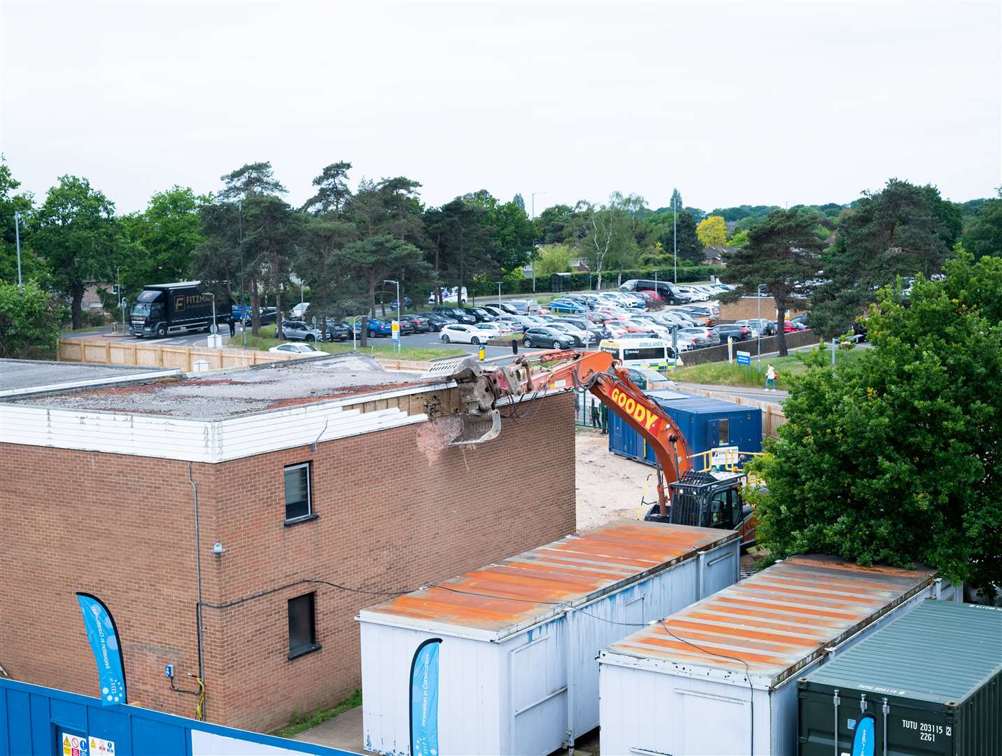 An aerial view of the Inspire Centre being knocked down