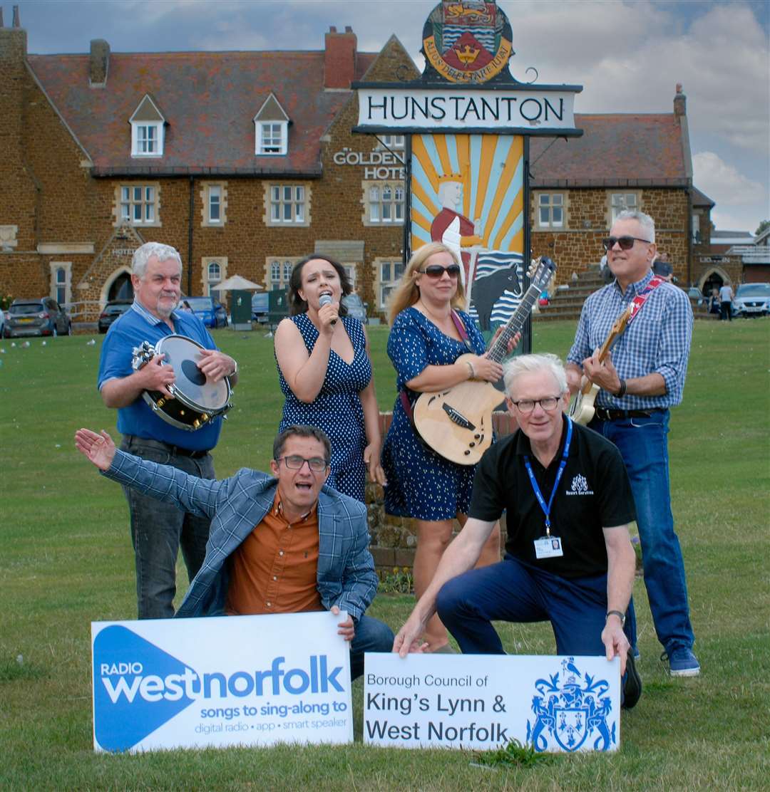 Launch of West Norfolk Battle of the Bands: from left, Simon Rowe from Radio West Norfolk, Martyn from Second Sunset (drums), Imogen from Second Sunset (vocals and harmony), Laura from Second Sunset (vocals and harmony), Peter from Second Sunset (guitar) and Roger Partridge, Events Coordinator for the Borough Council of King’s Lynn & West Norfolk, on the bottom right