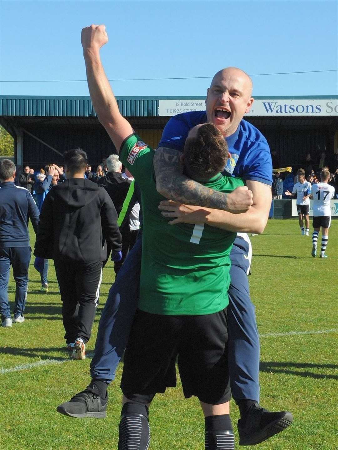 Robbie Back and Alex Street celebrate following Lynn's Super Play-off success at Warrington Town back in 2019. Picture: Tim Smith