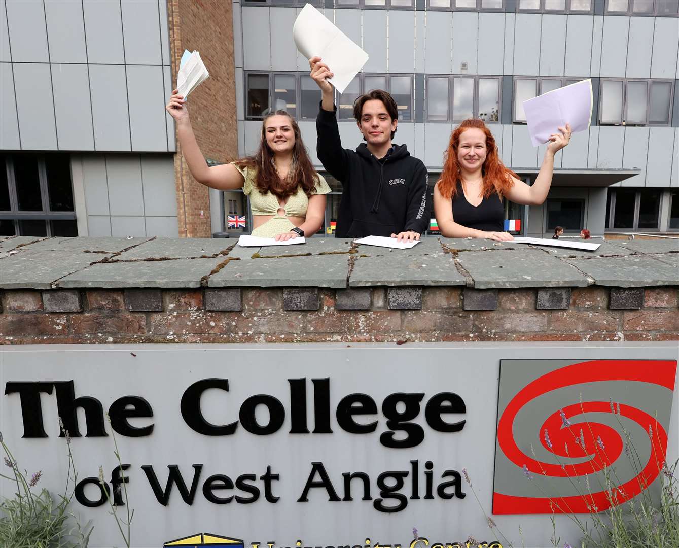 Dana Hohol, Thomas Howard and Charlotte Large on A Level results day at The College of West Anglia in Lynn