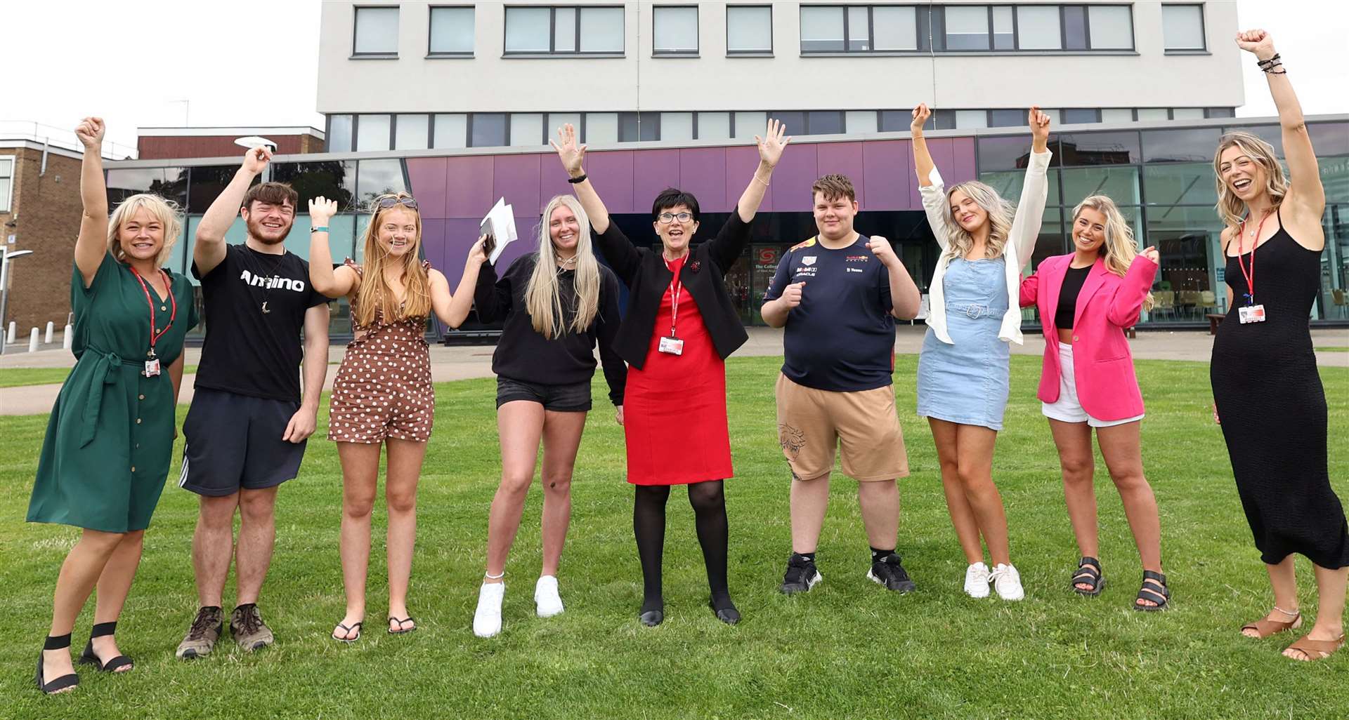 College of West Anglia T-Level students celebrate their results with vice-principal Kerry Heathcote (centre) and tutors Domminie Wright (far left) and Kelly-Ann Neale (far right)