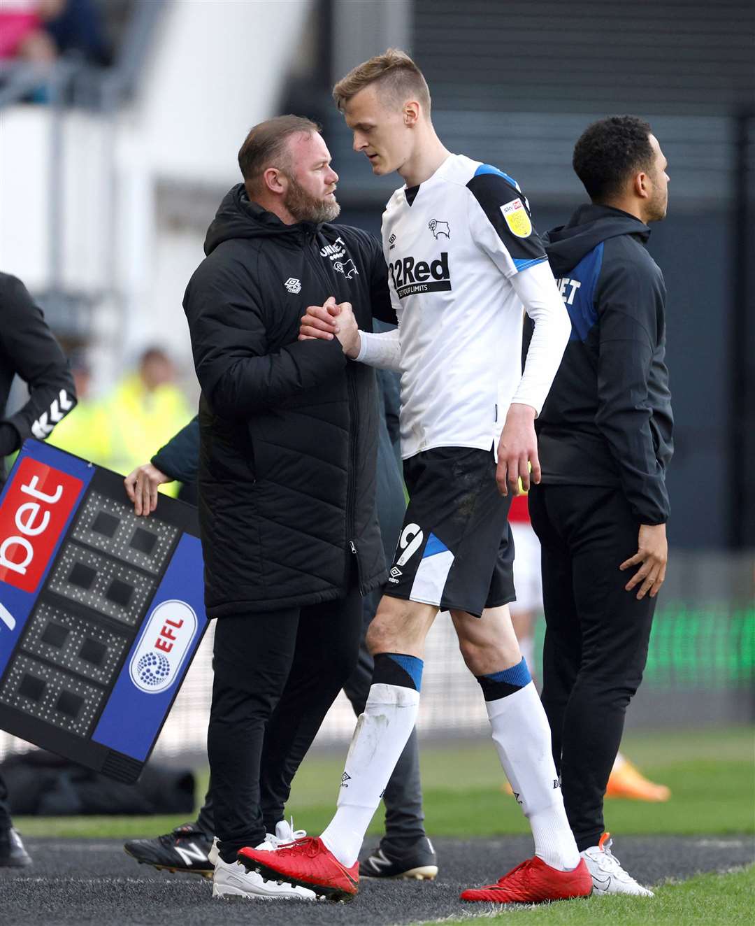 Derby County's Bartosz Cybulski shakes hands with manager Wayne Rooney after being substituted during a Sky Bet Championship match at Pride Park, Derby. Picture: Richard Sellers/PA Wire.