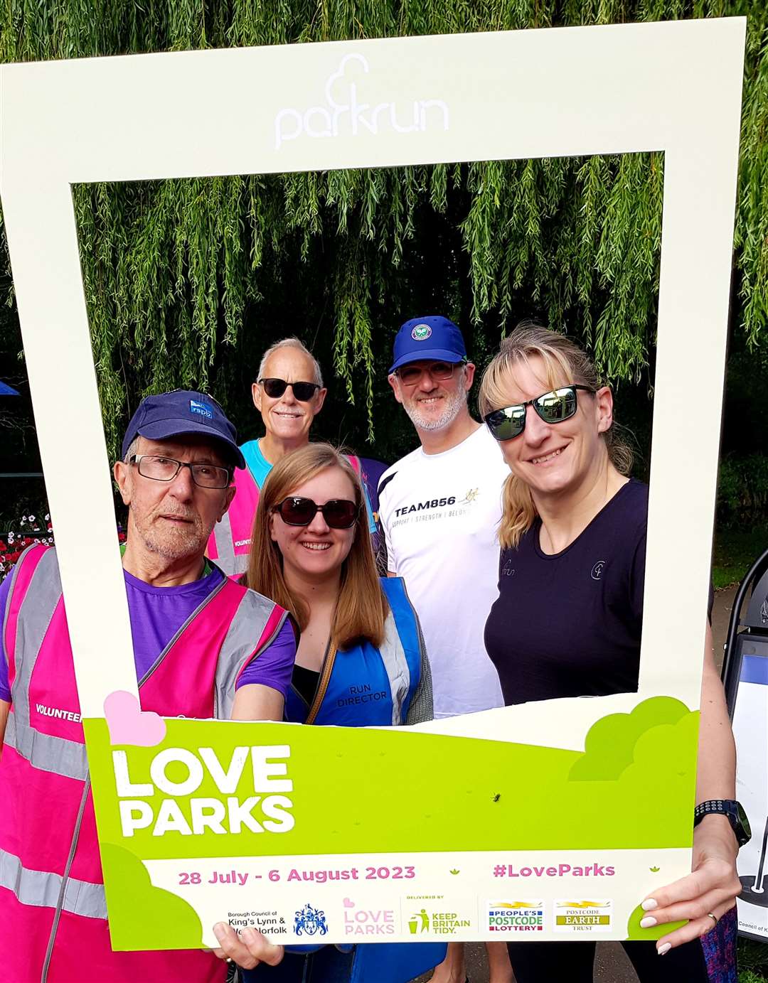 The Core Team members for the King’s Lynn Parkrun. Photo shows L to R: Mick Ennis, Gary Walker, Hannah Fisher, Jon Plumb and Juith Berry. Photo credit: Gary Walker.
