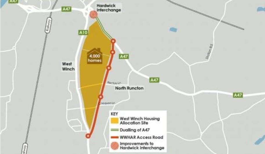 A map of where the West Winch access road could be built. Picture: West Norfolk Council
