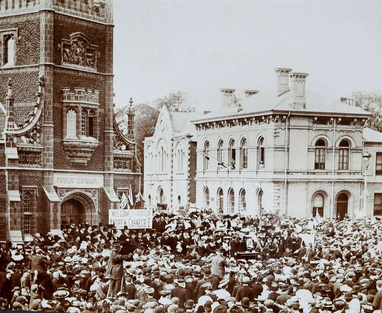A photograph showing the official opening of Lynn’s library by Andrew Carnegie in 1905