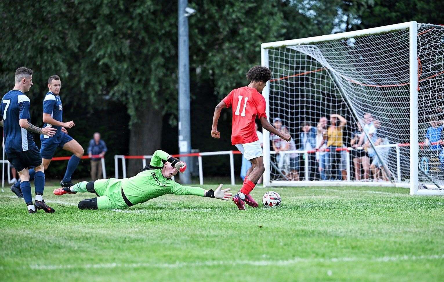 Downham Town v Ely City at the SCL Memorial Field. Magic Smalls taps home for the hosts. Picture: Ian Burt