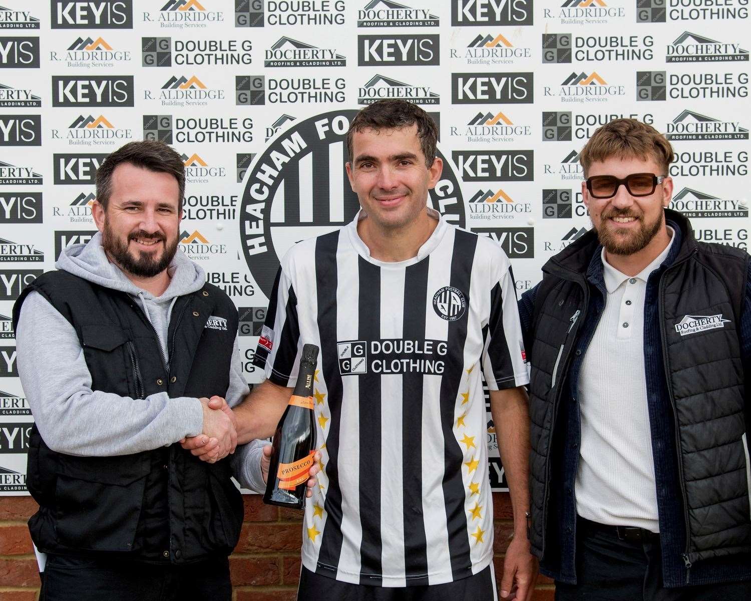 Docherty Roofing and Cladding sponsored yesterday's game in the FA Vase. Lyndon Docherty, along with his colleague Ryan Skipper, are pictured presenting their Man-of-the-Match award to Magpies defender Ika Kortua. Picture: Phill Gwilliam