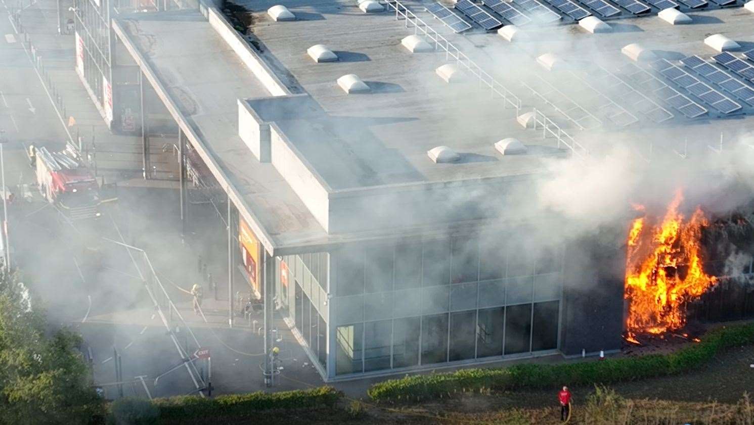 Drone footage shows firefighters tackling the blaze at Lynn's Hardwick Sainsbury's store. Picture: the drone people
