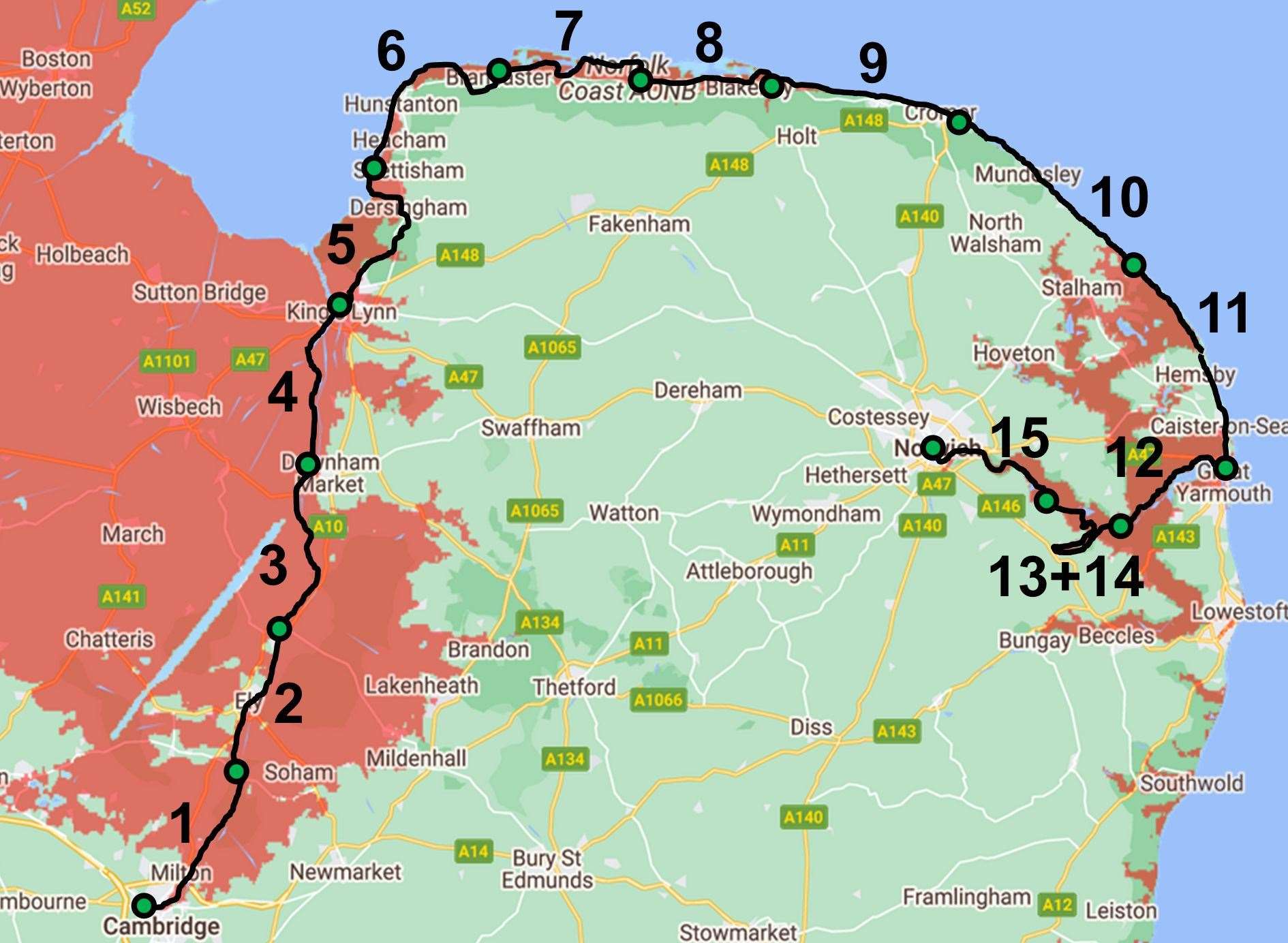 A map to show the route Dr Gardner will take, the red indicates places at the most risk .