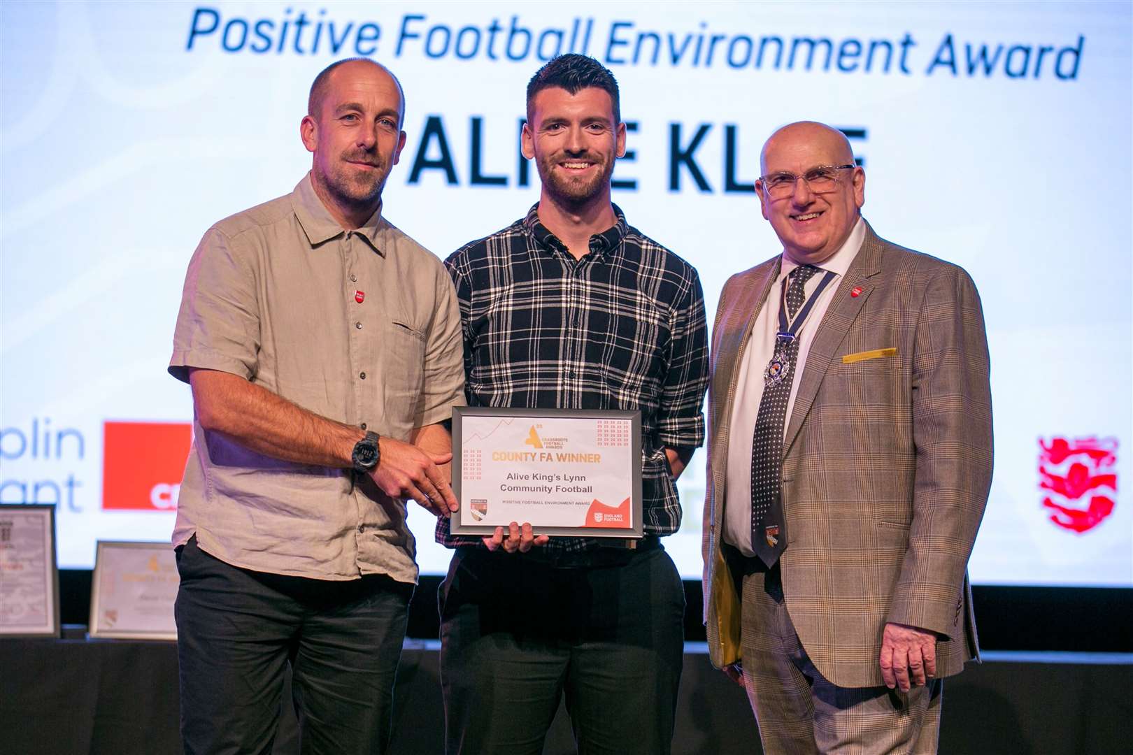 Norfolk Grassroots Football Awards, at The Space in Norwich. Pictured above, from left, is Football Development Manager Dan Buhlemann, Football and Community Development Officer Grant Cotton and Norfolk FA chairman Michael Banham