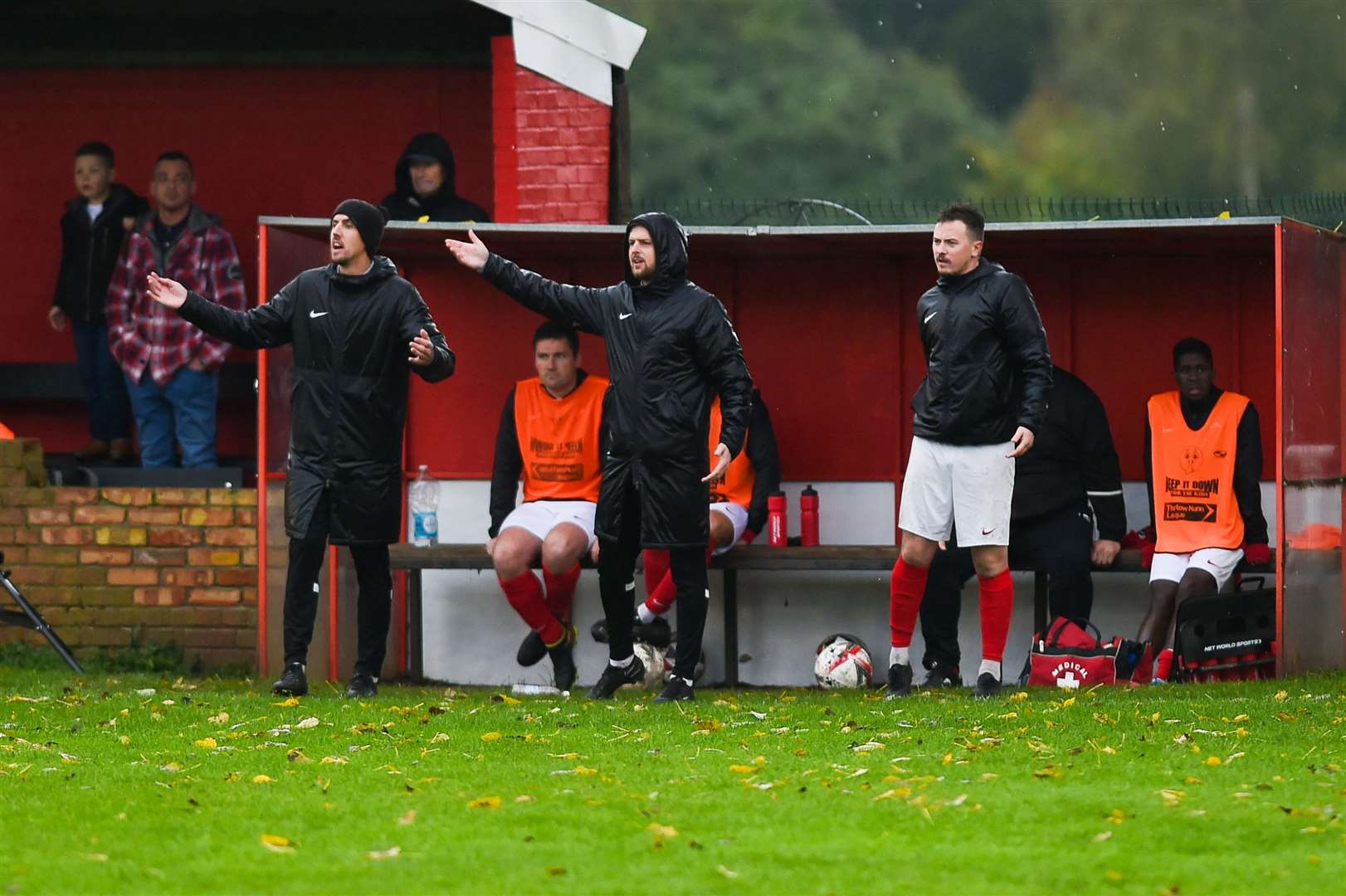 Downham's management duo (L) Craig Dickson and Dale Stokes make a point to their team. Picture: Ian Burt