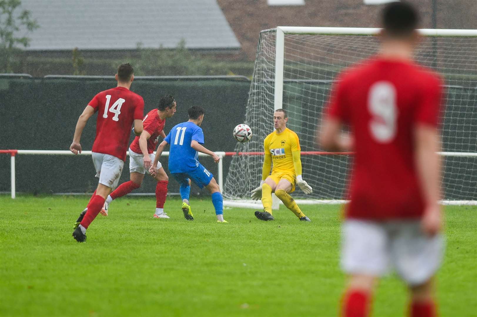 Downham's Duncan McAnally made a great save early in the second half. Picture: Ian Burt