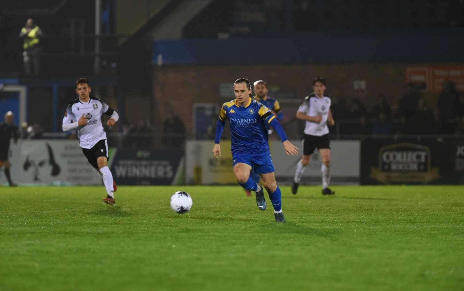 Ben Stephens with the ball during tonight's game between Lynn and Bishop's Stortford