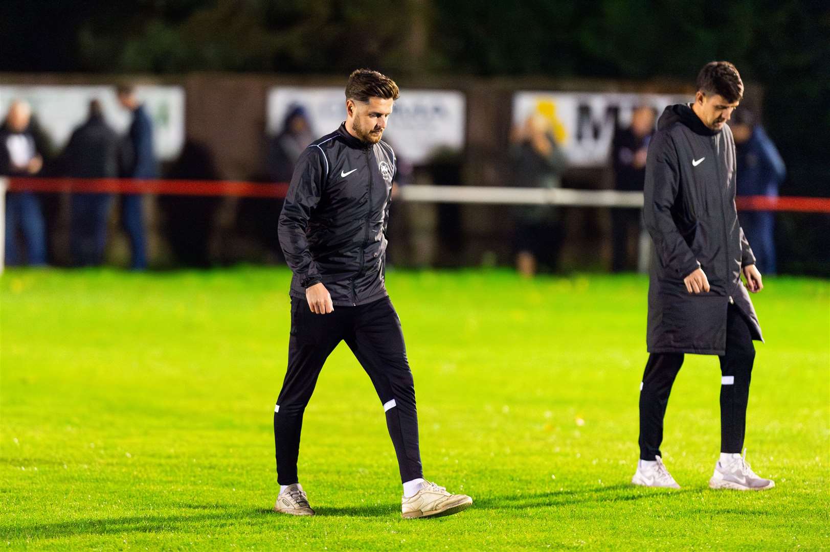 The Downham Town management team of Dale Stokes and Craig Dickson leaving the pitch at half-time during Wednesday night's derby clash at the SCL Memorial Field. Picture: Ian Burt