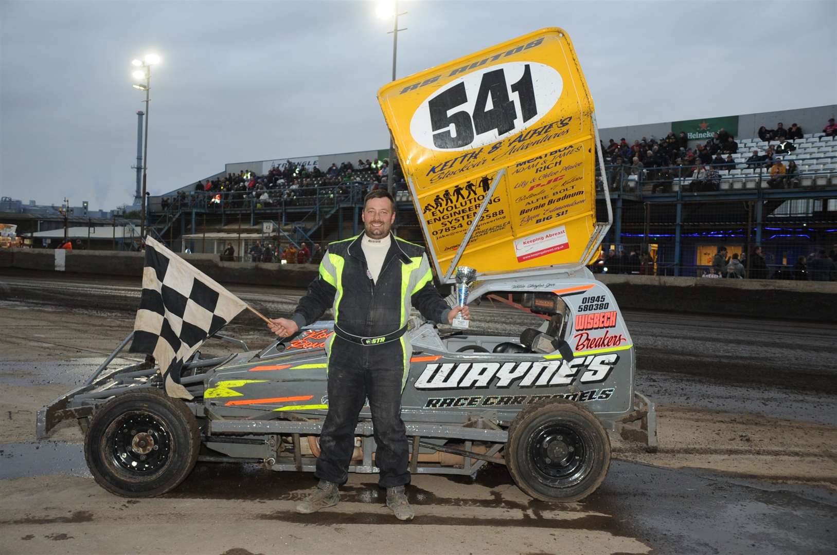 A delighted Willie Skoyles following his heat win in the F1 stock cars at Lynn on Saturday night
