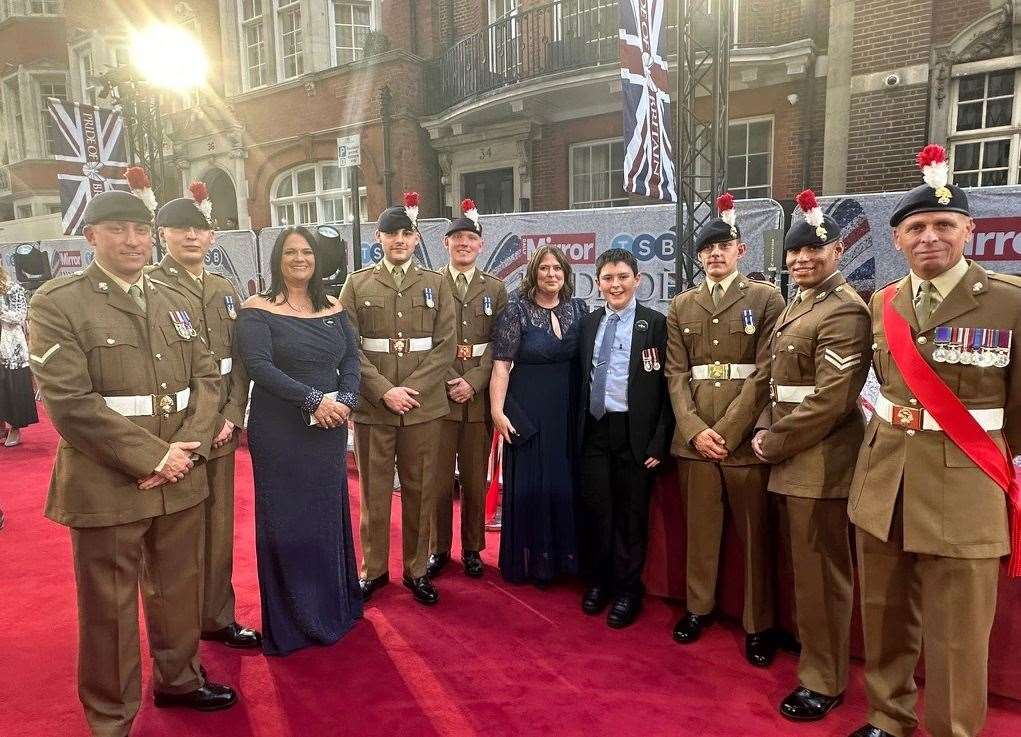 Jack and Rebecca Rigby with Scotty's Founder Nikki and Royal Fusiliers at the Pride of Britain ceremony