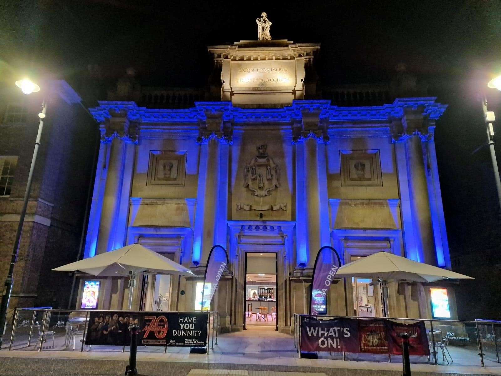 Alive's Corn Exchange was shining blue on Tuesday