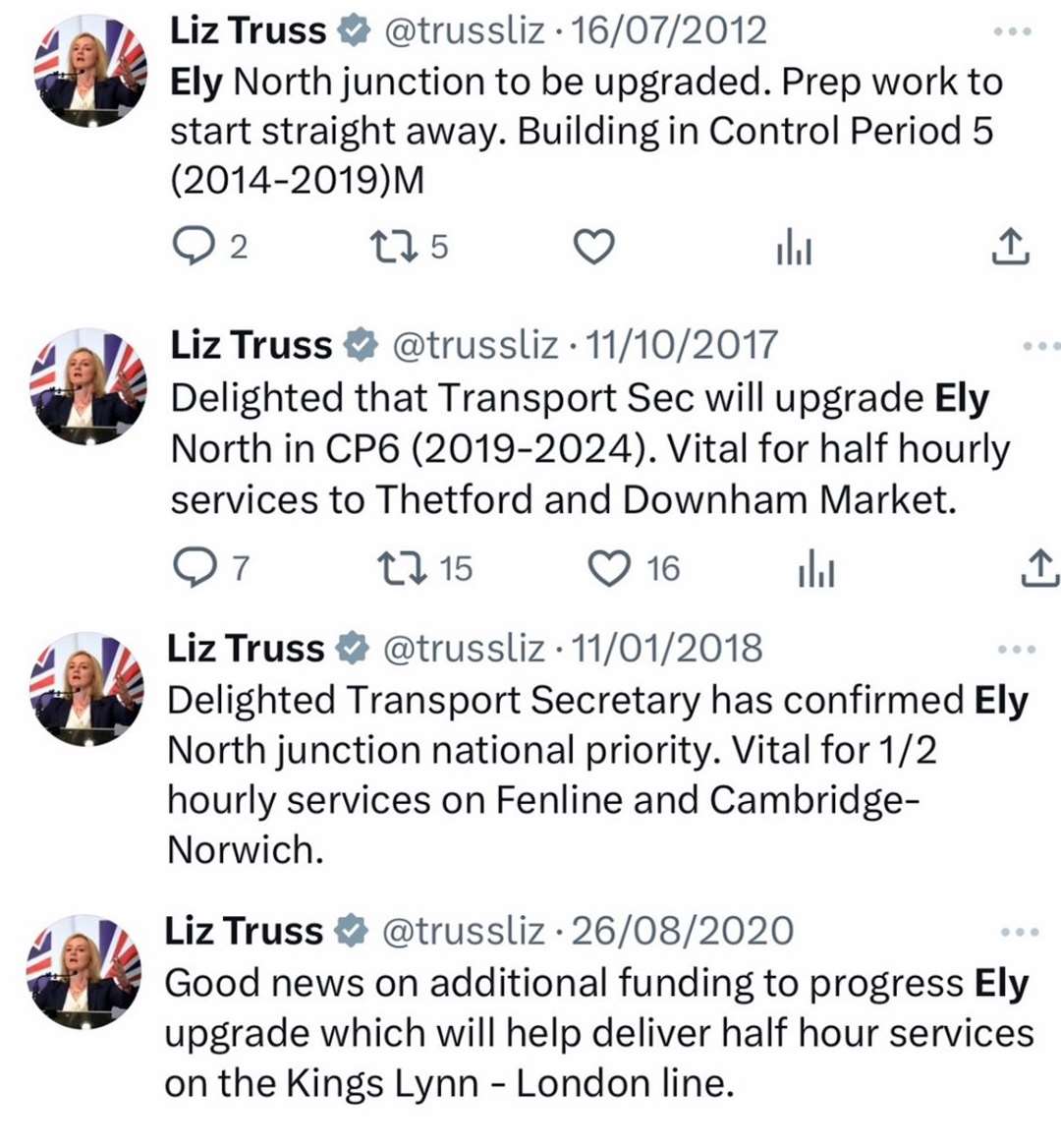 Some of MP Liz Truss' tweets from regarding train services