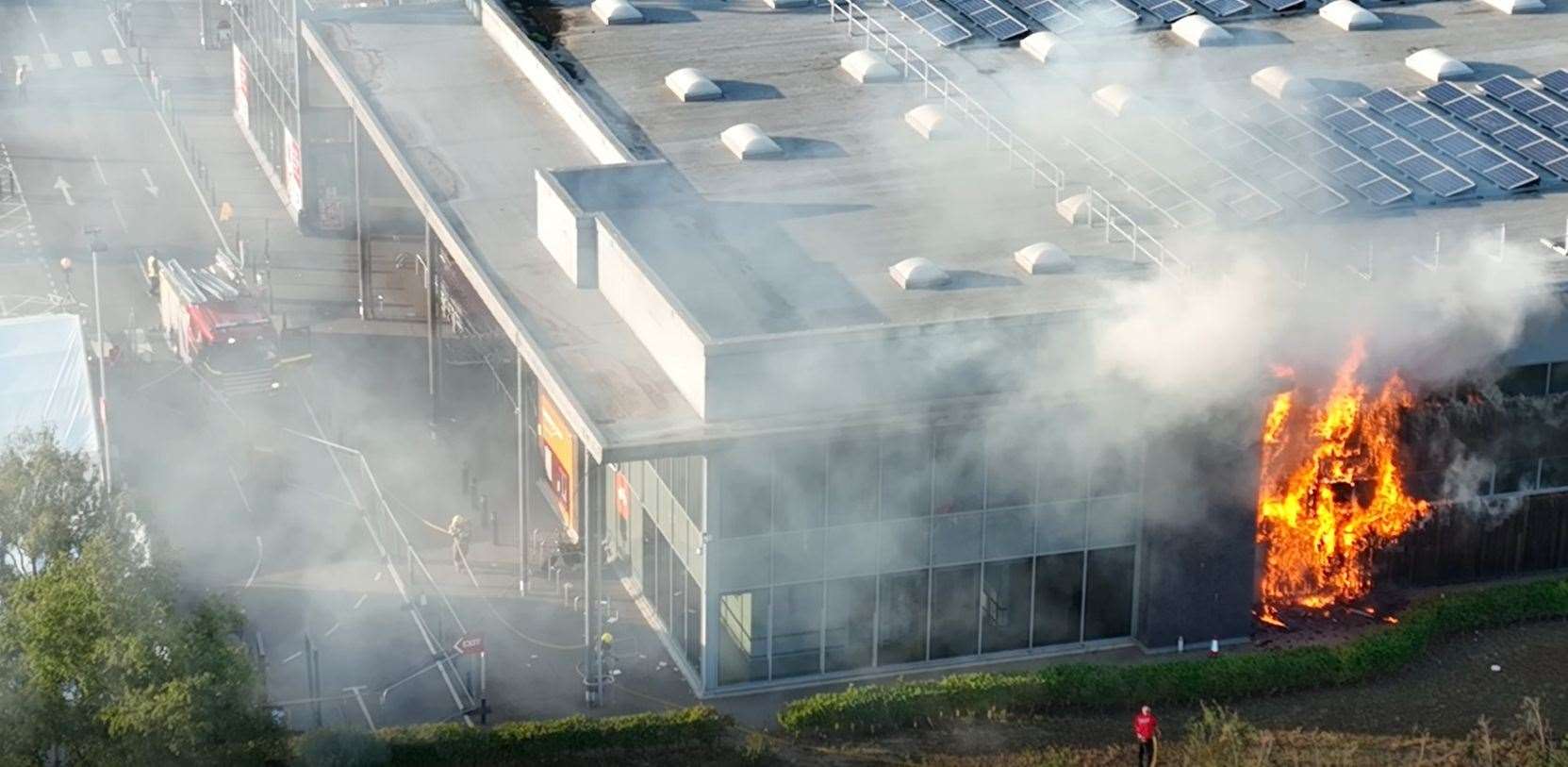 Drone footage shows firefighters tackling the blaze at Lynn's Hardwick Sainsbury's store. Picture: the drone people