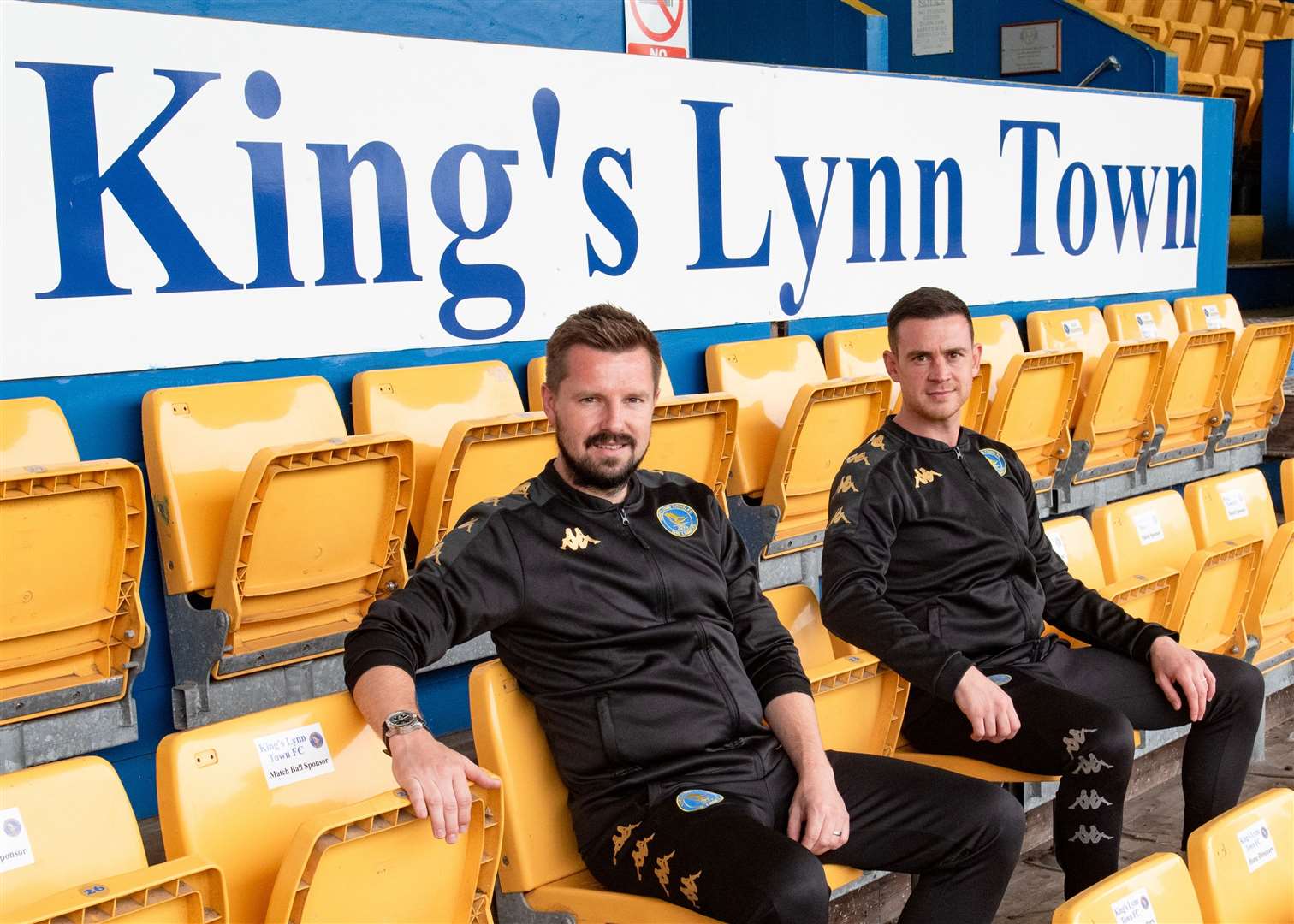 King's Lynn Town boss Adam Lakeland and his assistant Sam Walker at The Walks. Picture: Tim Smith