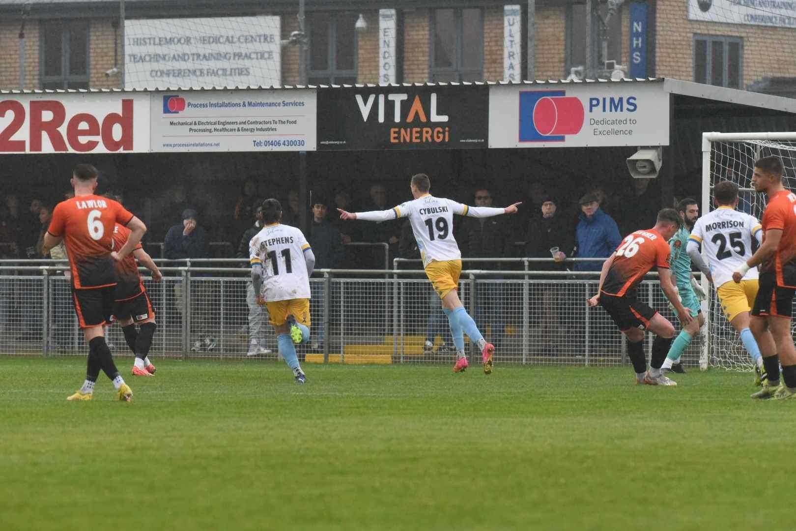 Bartosz Cybulski celebrates after firing Lynn in front from the penalty spot. Picture: Tim Smith