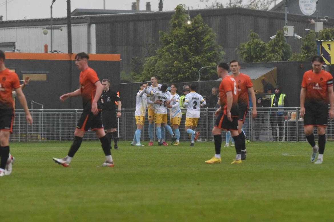 Linnets players celebrate Bartosz Cybulski's opener at Pims Park. Picture: Tim Smith