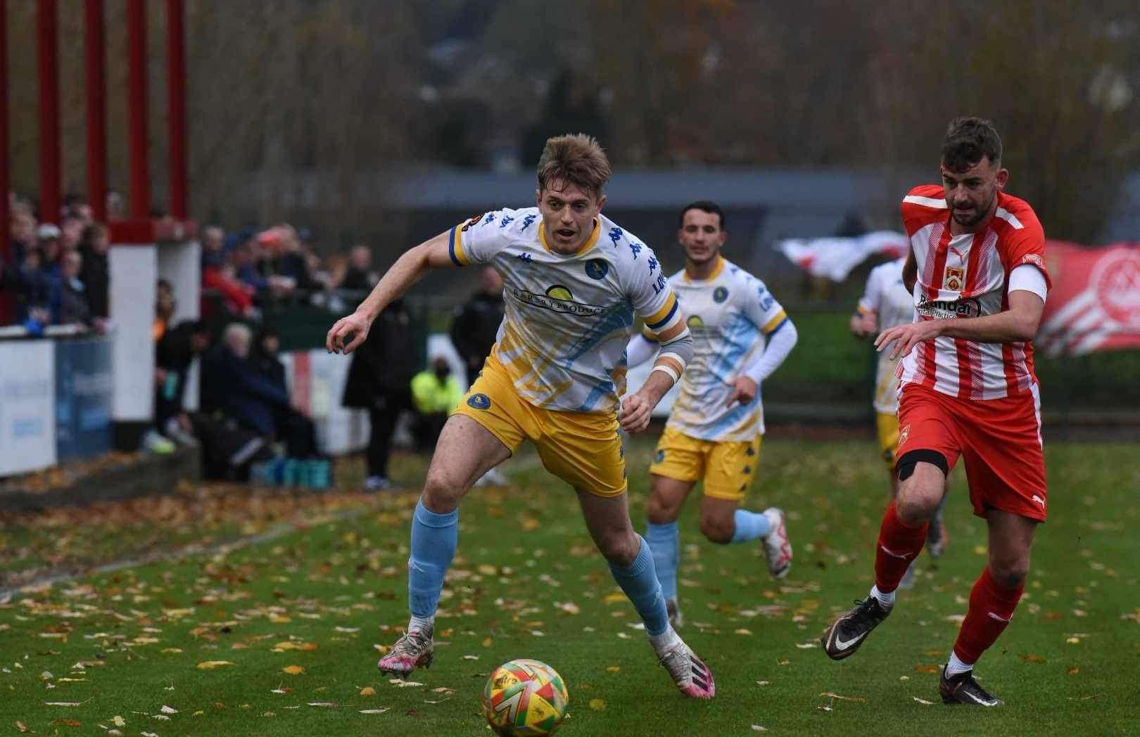 Adam Crowther on the ball for Lynn at Stourbridge today. Picture: Tim Smith