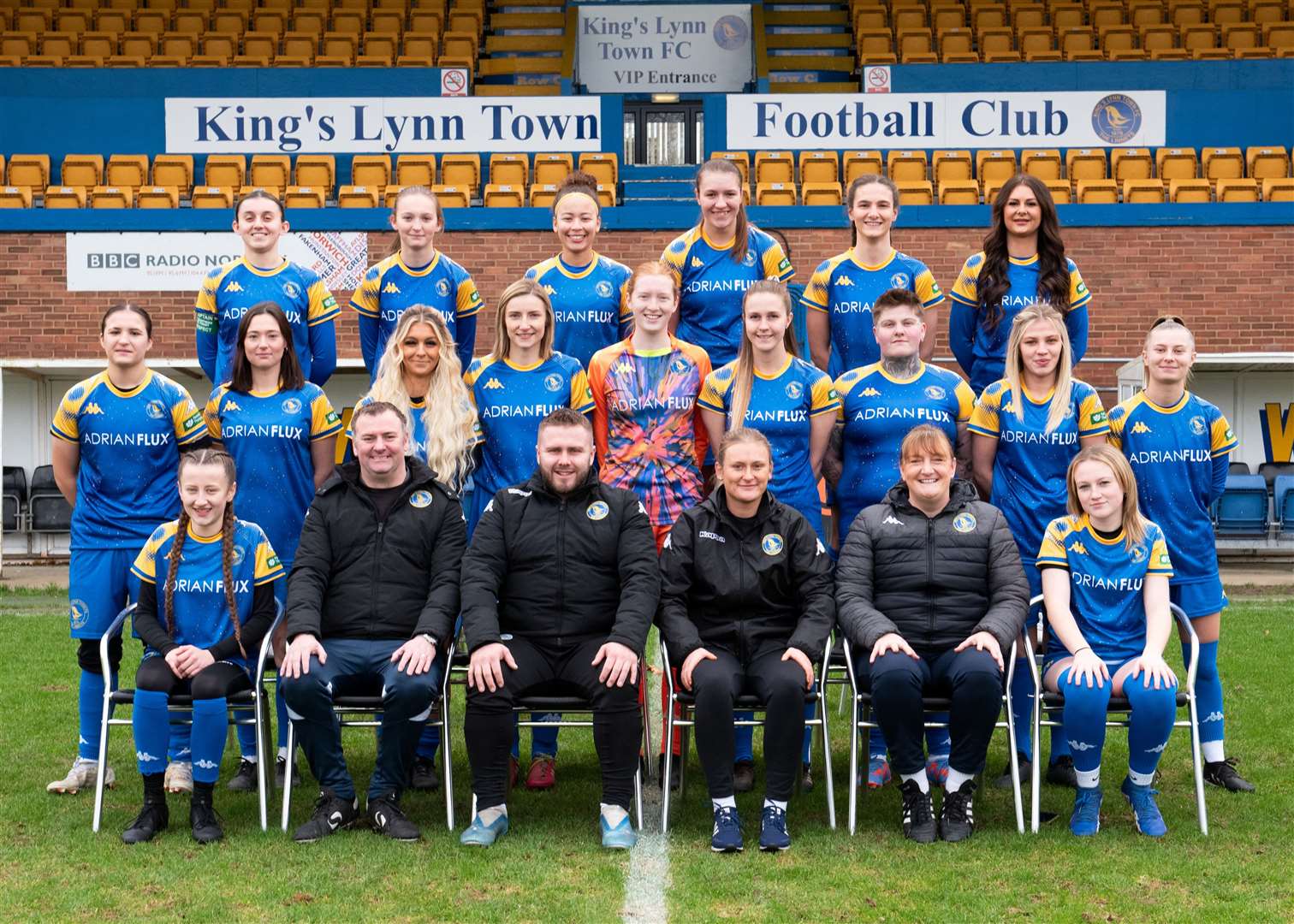 King's Lynn Town Ladies face the camera. Pictured back, from left, are: Gabrielle Cobb, Mya Parker, Geovanna Salles, Libby Scott, Katie Ward, Natalie Norman.Middle: Libby Melerski, Charlotte Croft, Shannon Simper, Kamarla Lawson, Erica Meale, Jade Parnell, Georgie Archer, Chelsea Simper, Holly Williams.Front: Jessica Napper, Doug Parker (coach), Alec Marshall (manager), April Kitchen (assistant manager), Marie Meale (coach), Kayla Rix. Picture: Tim Smith