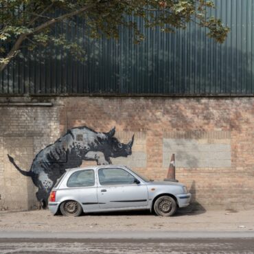 Banksy unveils rhino artwork that looks like the animal is climbing onto a car