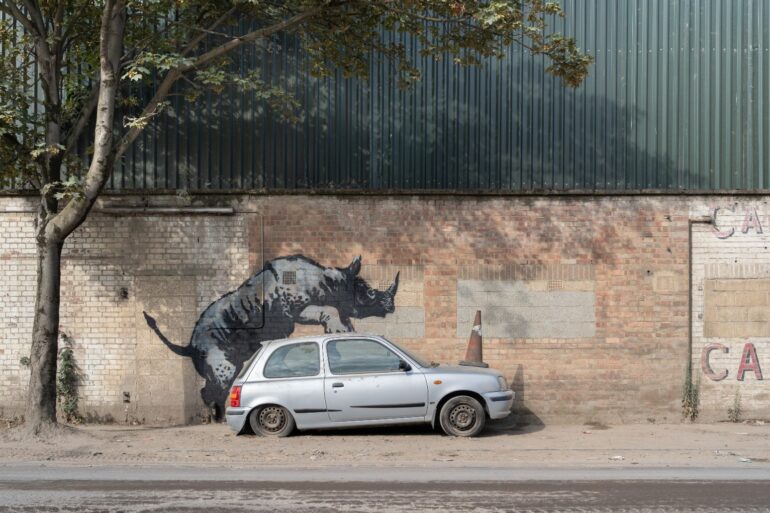 Banksy unveils rhino artwork that looks like the animal is climbing onto a car