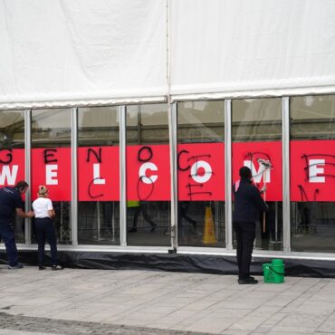 Activists attempt ‘genocide’ spray paint protest at Labour conference entrance