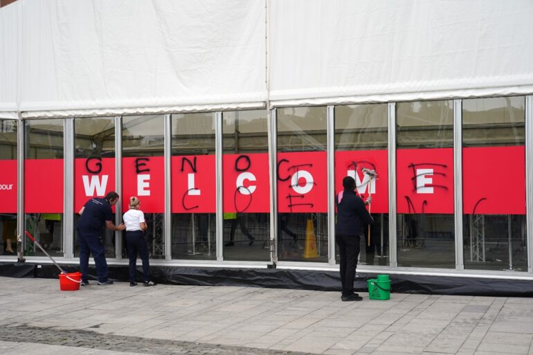 Activists attempt ‘genocide’ spray paint protest at Labour conference entrance