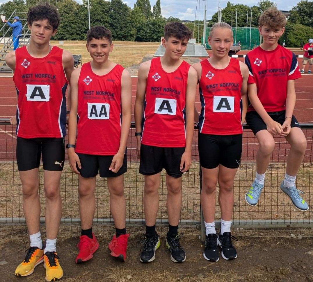 West Norfolk AC in East Anglian League action at Peterborough. From left: Thomas Green, Samuel and Benjamin Green, Luke Anderson and Wilf Gosnell
