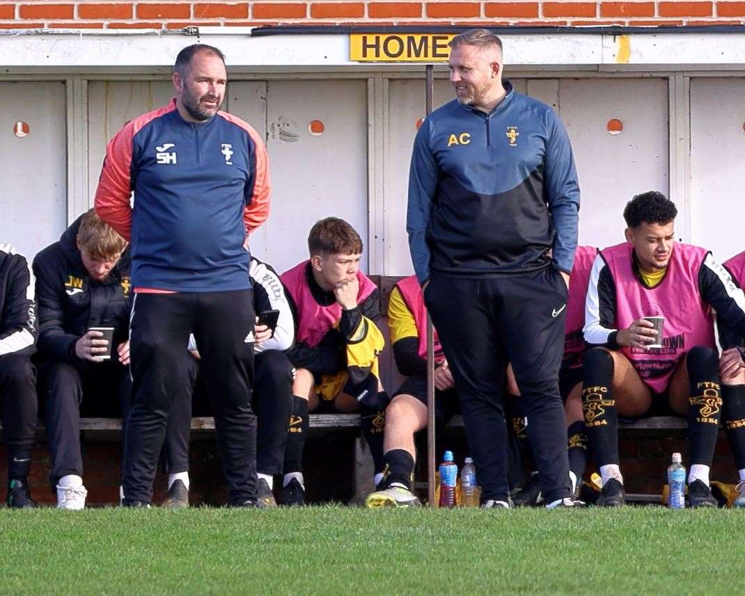 Fakenham Town manager Andy Cunningham, right, with his assistant Stephen Harvey. Picture: Ronnie Heyhoe
